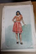 John Armstrong : Full length portrait of a girl wearing a red dress, watercolour, signed,