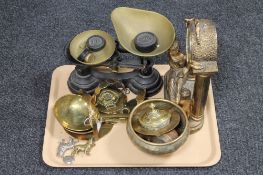 A tray of vintage scales with weights, assorted brass,