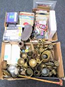 Two boxes containing 45's, brass ware, cased binoculars, audio books,