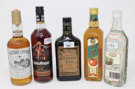 Five bottles of alcohol : Amaretto Arino Liqueur, Captain Morgan Rum, Southern Comfort Liqueur,