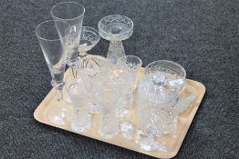 A tray of assorted glass ware, lamp base, lidded biscuit barrel,