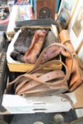 A box of simulated fur coat, leather satchel, leather belts,