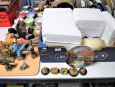 A box and tray containing Danbury mint collectors plates, animal ornaments, assorted china,