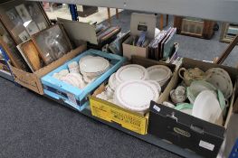 Three boxes of dinner ware and tea china, box of pictures.