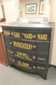 A painted Victorian bow fronted five drawer chest with advertising sign writing, width 100 cm.