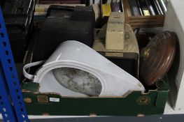 A box containing enamel slipper pan, antique copper hot water bottle,