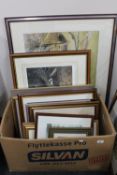 A box of assorted pictures and prints to include mahogany framed Adrian C Rigby prints - Badgers