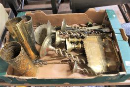 A box containing assorted brassware, including three trench art ammunition shells,