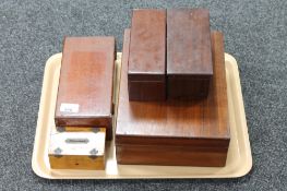 A tray four mahogany boxes together with a treen money box
