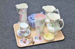 A tray of Maling lustre jugs and vases, Ringtons chintz teapot, Maling ashtray,