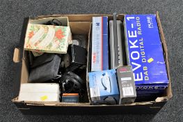 A box of Evoke DAB radio, Aiwa micro cassette recorder,