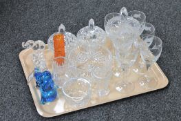 A tray of crystal glass, seven glass animal figures,