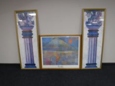 A pair of gilt framed Corinthian column prints and a pine framed Paul Klee print