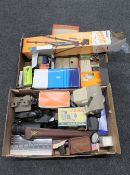 Two boxes of camera equipment, view master, tripods,