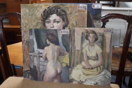 John Armstrong : Portrait of a lady wearing a blue and white dress, oil on canvas, 61 cm x 51 cm,