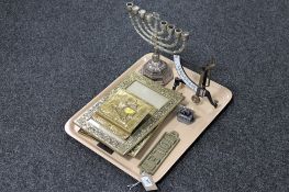 A tray of brass photo frames, letter rack, brass toilet door plaque,