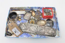 A silver vesta case together with silver caddy spoon, propelling pencil part, sterling silver comb,