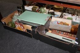 Two boxes of glass, metal ware, Art Deco light shades,