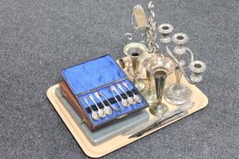 A tray of twentieth century plated wares, plated candelabrum, cased sets of cutlery etc.
