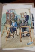 John Armstrong : Five artists painting in an art class, watercolour, 56 cm x 38 cm,