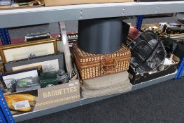 Two boxes containing assorted framed pictures, lead crystal ware, lanterns, light fittings,