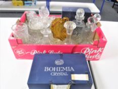 A box of assorted glassware including boxed and unboxed Bohemian crystal, assorted decanters,
