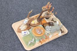 A tray of metal door stop - Terrier, two sets of roe deer antlers mounted on board,