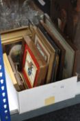 A box of assorted framed pictures and prints