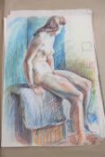 John Armstrong : Nude study of a female seated on the edge of a bed, colour chalks, 56 cm x 38 cm,