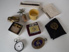 A box of Conway Stewart Dinkie fountain pen with 14ct gold nib, silver fob watch, lighters,