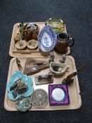 Two trays of china dolly tops, Beswick foal, spelter figure of a spaniel on marble base,