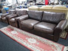 A three piece brown Semi Aniline leather lounge suite with footstool