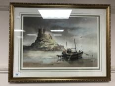 Ronald Moore : Holy island, watercolour, signed, framed.
