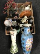 An Oriental vase together with a jardiniere stand, two boxes of glass ware,