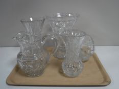 A tray containing five pieces of lead crystal including a Waterford crystal basket