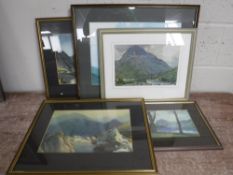 Five framed Heaton Cooper prints together with a pair of oak framed Richard Fisher signed prints