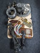 Two trays of pewter and plated wares, spelter figure,