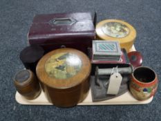 A tray of antique leather jewellery box, flat iron, treen boxes,
