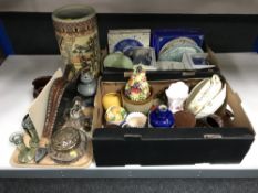 Two boxes and a tray of Ringtons china, stoneware jars, bellows, glass rose bowl,
