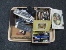 A tray of pens and writing related items, some with 14ct gold nibs.