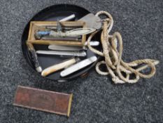 A collection of pocket knives and pen knives, silver fruit knife, miniature compass,