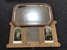 An Edwardian carved oak hall mirror with two panels depicting owls together with an octagonal