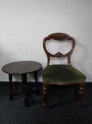 A Victorian mahogany dining chair together with a circular oak occasional table