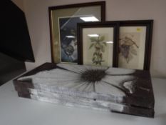 A triple section wall canvas and three framed prints