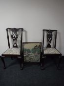 A mahogany folding tapestry screen table and two Victorian dining chairs