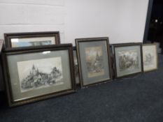 Seven early twentieth century pastel drawings by J E Wade together with an antiquarian print
