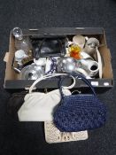 A box of bed pans, glass decanter with stopper, Everhot teapot,