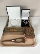 A tray of silver necklace, pearl necklace, Serento hand fan,