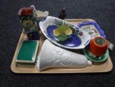 A tray of Spode china wall pocket, Maling dish, Carlton basket,