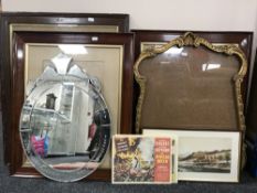 Three Edwardian mahogany framed pictures together with an ornate gilt frame,
